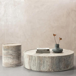 Set di Tavolini da Caffè in Travertino Naturale Stile Wabi-Sabi <span class=keywords><strong>Moderno</strong></span> e Lussuoso, Tavolino Rotondo da Salotto con Base a Plinto - Product Image 1