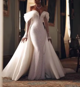 S0805Y 2026 Nuevo Vestido <span class=keywords><strong>de</strong></span> Novia <span class=keywords><strong>de</strong></span> Lujo con Pedrería, Hombros Descubiertos, Manga Larga, Satén, Cola <span class=keywords><strong>de</strong></span> Sirena Larga Desmontable y <span class=keywords><strong>de</strong></span> Doble Uso - Product Image 3