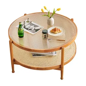 Rattan runder Couch tisch Italienischer rustikaler runder Cane Wicker Glasplatte Tee tisch für Wohnzimmer