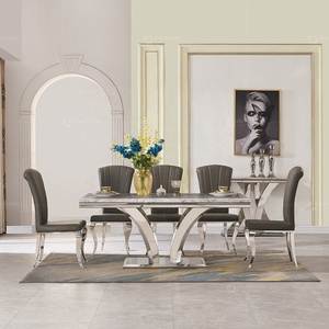 Bàn Và Ghế Nhà Hàng Hiện Đại Đồ Nội Thất Phòng Ăn Pario Bộ Bàn Ăn Bằng Thép Không Gỉ Màu Trắng Và Bạc 6 Ghế - Product Image 1
