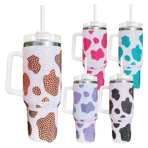 Custom LogoBulk Black Brown Purple Blue Rose Rhinestone Bling studded Mugs Tumblers Cow Print Tumbler with Handle and Straw - Product Image 2