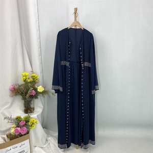 Modest Women Abaya Simple Luxury Rhinestones Pearls Cardigan With Pockets and Front Small Belt Eid Muslim Dubai New Abaya 1402# - Product Image 5