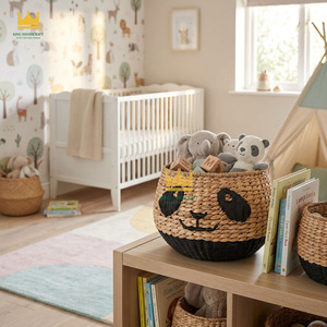 Wholesale Hand Woven Water Hyacinth Storage <b>Basket</b> With Panda Design For Kids Bedroom Organization Cheap Price - Product Image 2