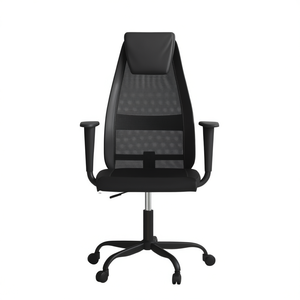 Chaise de bureau en maille noire avec appui-tête intégré et accoudoirs fixes, design pivotant ergonomique pour usage professionnel - Product Image 1