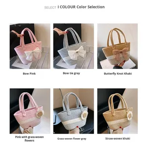 Borsa a Spalla in Paglia Intrecciata a Mano per Donne, Borsa da <span class=keywords><strong>Spiaggia</strong></span> Estiva con Fiocco e Decorazione Floreale, Logo Personalizzato, Borsa Intrecciata alla Moda - Product Image 2