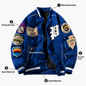 Men's Embroidered Patchwork Windproof Varsity Bomber Jacket Cotton Bamboo <b>Quilted</b> Lined Baseball Chenille Patch Zipper Closure - Product Image 3