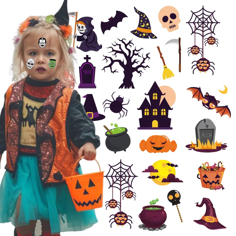 Halloween face waterproof temporary tattoo party decorations pumpkin candy ghost 3d temporary tattoo stickers for kids