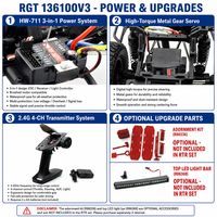 Rock Crawler RC 4x4 professionnel RGT 136100V3, châssis en acier et résine, échelle 1:10, angle de braquage de 45 degrés, jantes beadlock de 1,9 pouce