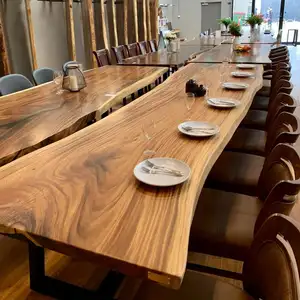 Tavolo da pranzo a metà secolo moderno Base in metallo con bordo in legno massello tavolo da pranzo Bar in legno di noce tavolo da pranzo ristorante in legno