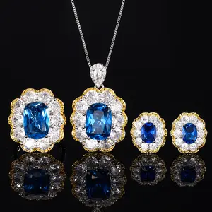 Custom Fashion Jewelry Bride Wedding Jewelry Set Brass Gold Plating Trendy Sapphire Pendant Necklace Earrings Ring Jewelry Sets