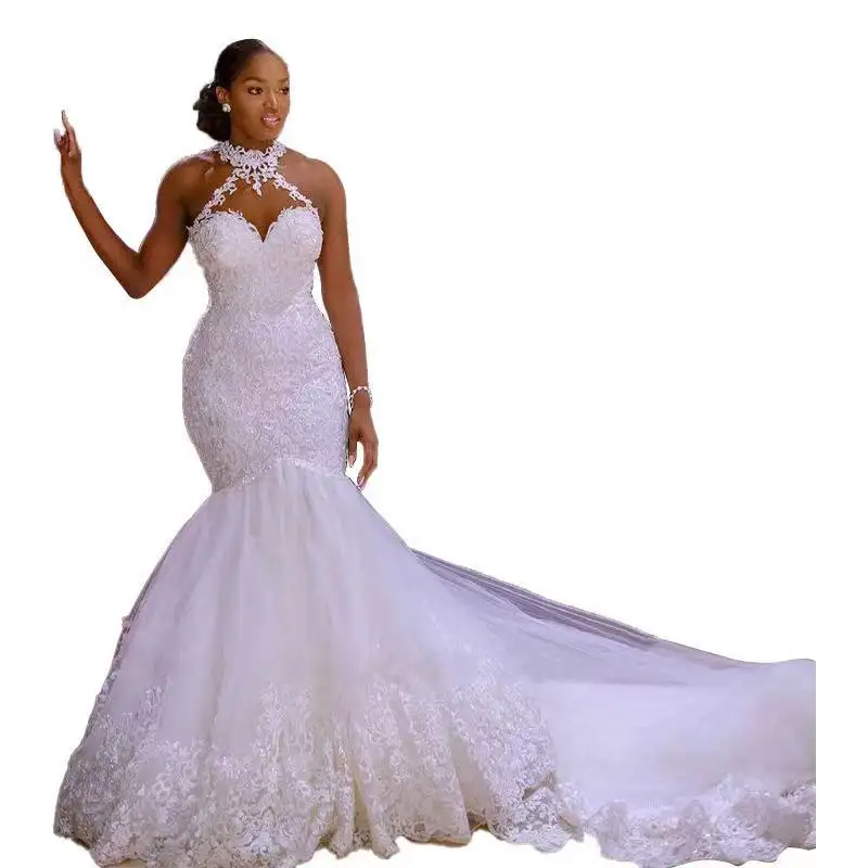 Women African Mermaid Wedding Dresses Sexy Halter Illusion Back Robe De Maried Vintage Lace Appliques Plus Sizes Bridal Gowns