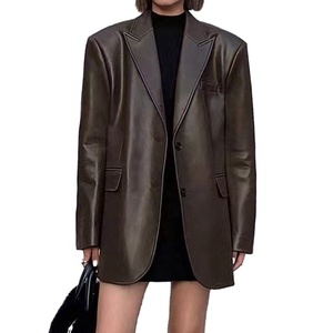 ヴィンテージファッション女性ショルダーパッドレザーブレザー特大本革ジャケット - Product Image 1