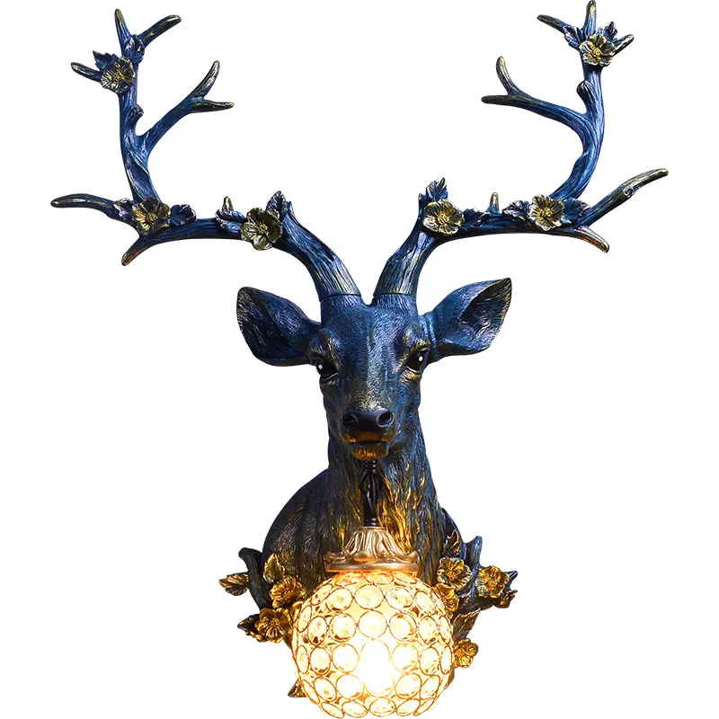 Nordic Decoratief Gewei Antiek Rustiek Plattelandsdorp Led Hertenkop Hars Kristallen Glas Wandmontage Lamp Licht Voor Bars Hotel
