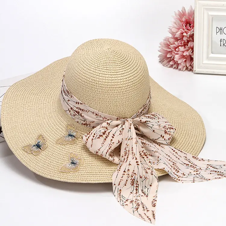 Wide brim wholesale custom summer beach sun floppy paper straw summer hat for women