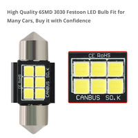 Ampoule LED FSYLX 31MM/36MM/39MM/42MM 6SMD 3030 Festoon C5W Canbus 6000k Blanc Pur 480 Lumens 12V pour éclairage intérieur