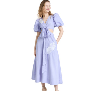 Thời trang mới phụ nữ giản dị V cổ đàn hồi phồng ngắn tay áo Rỗng ra ren lên túi Bông Thêu Ăn mặc - Product Image 2