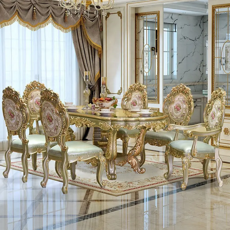 Conjunto de muebles de boda de lujo tallado en oro, grano de mármol, 6 sillas, juego de mesa de comedor