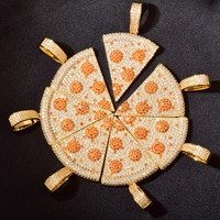 Zircon cubique plaqué or 14 carats entièrement glacé laiton métal Pizza gâteau charme ami Couple collier pendentif