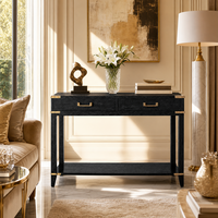 Console en bois à 2 tiroirs avec coins en métal moulé à la main, noire, pour aménagement intérieur de luxe de villa