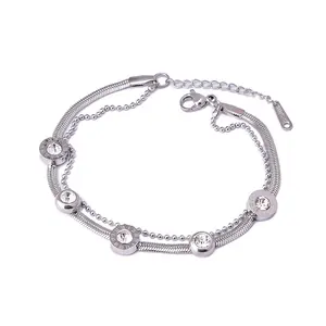 Popular Stainless steel Bracelet Snake chain bracelet Ball bead chain Diamond 18k Gold double-layer bracelet Female