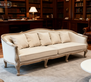 Canapé trois places de style vintage français Cadre sculpté en bois massif avec revêtement en lin beige - Product Image 6