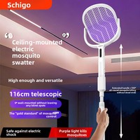Raquette anti-moustiques télescopique à angle réglable, 2 en 1, avec lumière UV, rechargeable, pour la maison et le jardin