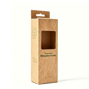 Boîte d'emballage en papier kraft avec fenêtre pour fourchettes en bois jetables, couteau et cuillère en bois biodégradables - Product Image 1