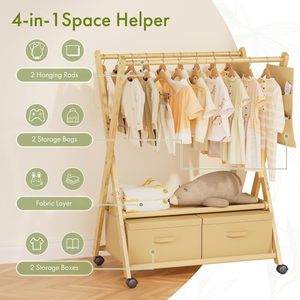 Estante <span class=keywords><strong>de</strong></span> ropa <span class=keywords><strong>de</strong></span> bambú para niños con cajas <span class=keywords><strong>de</strong></span> almacenamiento Organizador <span class=keywords><strong>de</strong></span> ropa <span class=keywords><strong>de</strong></span> bebé Soporte <span class=keywords><strong>de</strong></span> ropa pequeño Rolling Kids Toddler Dress up Storage - Product Image 4