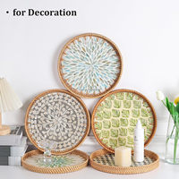 Plateau de service rond en rotin avec incrustation de nacre, finition laquée, design moderne et luxueux pour la cuisine, la salle de bain, plateau décoratif pour aliments