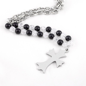 yunnique <b>Cross</b> Beaded <b>Chain</b> Necklace Stainless Steel Resin Pendant Unisex Fashion Jewelry - Product Image 3