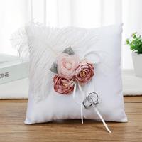 Coussin à alliances blanc avec fleur artificielle, porte-alliances pour mariée, fournitures de mariage, coussin à alliances carré