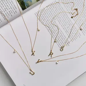 Populer 925 Sterling Silver 18K Emas Disepuh Huruf Rantai Kalung Mutiara Air Tawar Alami Awal