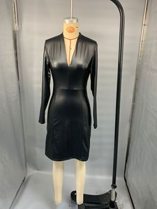 <span class=keywords><strong>Robe</strong></span> moulante mi-longue en similicuir à manches longues pour femmes, robes décontractées pour femmes - Product Image 5