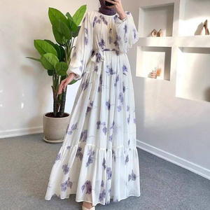 Muslim Summer Prayer Women's Fashionable Elegant Resort Middle East Round Neck <b>Abaya</b> Chiffon Floral with Belt Maxi Dress - Product Image 5