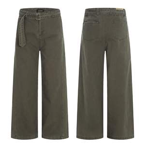 Pantalones Cargo Rectos Color Verde <span class=keywords><strong>Militar</strong></span> Americano 11KN, Unisex, Lavados, con Cinturón, Estilo Simple, Moderno, Retro, Holgados e Informales - Product Image 4