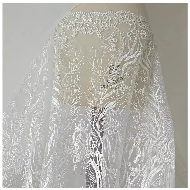 HC-12233 Hechun wholesale african pearl lace embroidery fabric for wedding dress