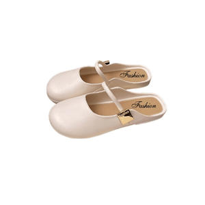Pantuflas Planas para Mujer, Antideslizantes, de Suela Suave, Estilo Casual, Color Sólido Blanco y Marrón con Detalle Metálico - Product Image 1