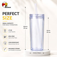Gobelet isotherme Beeman en acrylique à double paroi de 16 oz, sans BPA, avec couvercle et paille, personnalisable avec logo, marque privée, OEM
