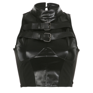 Women PU Leather <b>Patchwork</b> Sleeveless Turtleneck Vest <b>Top</b> Buckle Slim Fit Y2K Streetwear Casual <b>Top</b> - Product Image 6