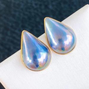 Boucles d'oreilles pendantes classiques pour femmes, plaquées or 18 carats, imitation perle de marbre bleu, forme goutte d'eau, 13x20mm, style vintage, bijoux tendance - Product Image 2