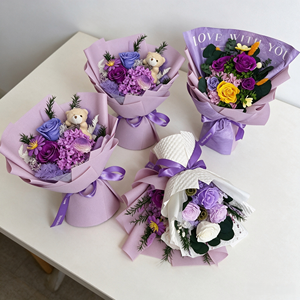 Bouquet di Rose Eterne <span class=keywords><strong>Viola</strong></span> con Orsacchiotto, Fiori Veri Essiccati per Decorazioni Casa, Regalo di San Valentino e Compleanno - Product Image 3