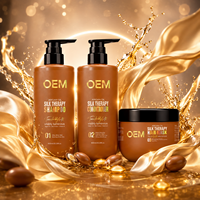 Set de cuidado capilar de marca privada, orgánico, de reparación profunda, con aceite de argán marroquí, champú, acondicionador y mascarilla capilar para cabello seco y dañado.