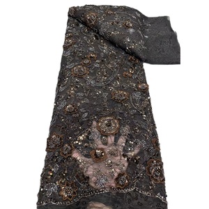 Tela de encaje floral 3D vintage K/C con cuentas y <span class=keywords><strong>lentejuelas</strong></span> de malla de peso medio para vestido de noche de boda africano Aso Ebi Dubai - Product Image 1