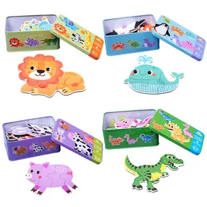 Wholesale 5 Designs 6 in 1 Animal Traiffic Dinosaur Wooden Paper Puzzle Metal Iron Box Montessori Children Early Education Toys