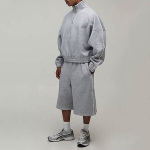 <b>Men</b> Heather Grey Cropped Quarter <b>Zip</b> Sweatshirt Contrast Piping Stand Collar Oversized Batwing Sleeve Sport Pullover <b>Top</b> - Product Image 2