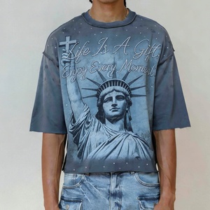 T-shirt Streetwear Homme Personnalisé à Épaules Tombantes, Effet Délavé Vintage, Imprimé Graphique Strass et Coutures apparentes, Grammage Lourd - Product Image 1