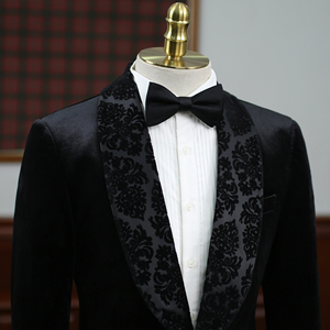 Costume de smoking noir en velours pour <span class=keywords><strong>homme</strong></span>, revers châle, jacquard floral, coupe ajustée, un bouton, idéal pour mariage, <span class=keywords><strong>soirée</strong></span>, gala - Product Image 2