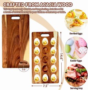 Nouveau design : Plateau à œufs farcis en bois d'acacia à 15 compartiments, plateau de service polyvalent, support à œufs et fromages à motif rayé pour les fêtes - Product Image 4