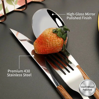 Ensemble de couverts de luxe 4 pièces en acier inoxydable 430 avec manche imitation bois, finition poli miroir, coffret cadeau pour mariage, vente en gros