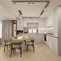 Solution complète pour la personnalisation de toute la maison : Cuisine en bois avec îlot en quartz et marbre, grand rangement, évier, robinet, panier et accessoires